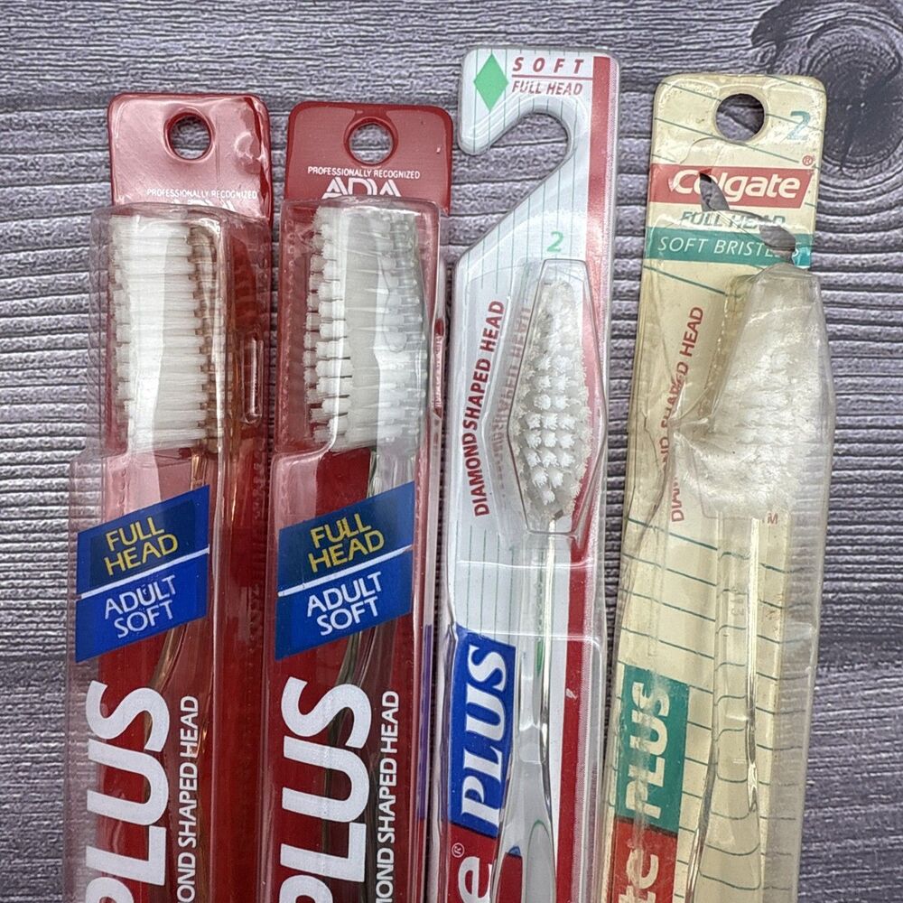 4 Vintage Colgate Plus Toothbrush Diamond 2 Shaped Full Head SOFT Bristles